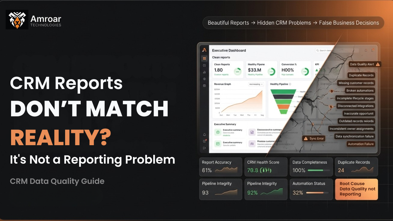 CRM reporting dashboard showing inaccurate reports caused by poor data quality, outdated automation, and inconsistent CRM processes