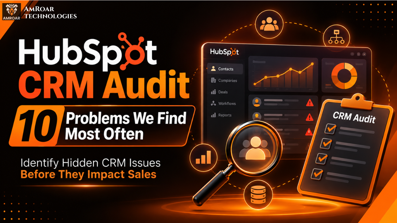 HubSpot CRM audit checklist showing 10 common problems including duplicate contacts and broken workflows