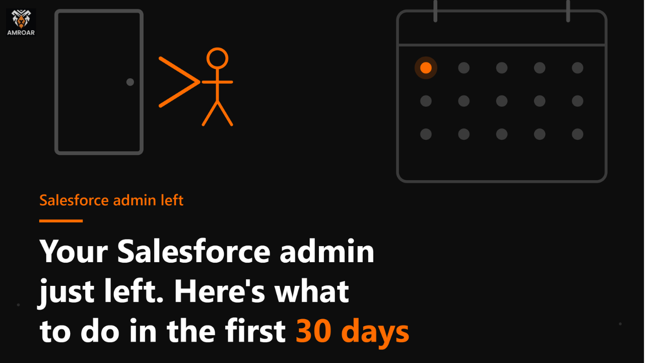 Salesforce admin left, open door and 30-day calendar illustration